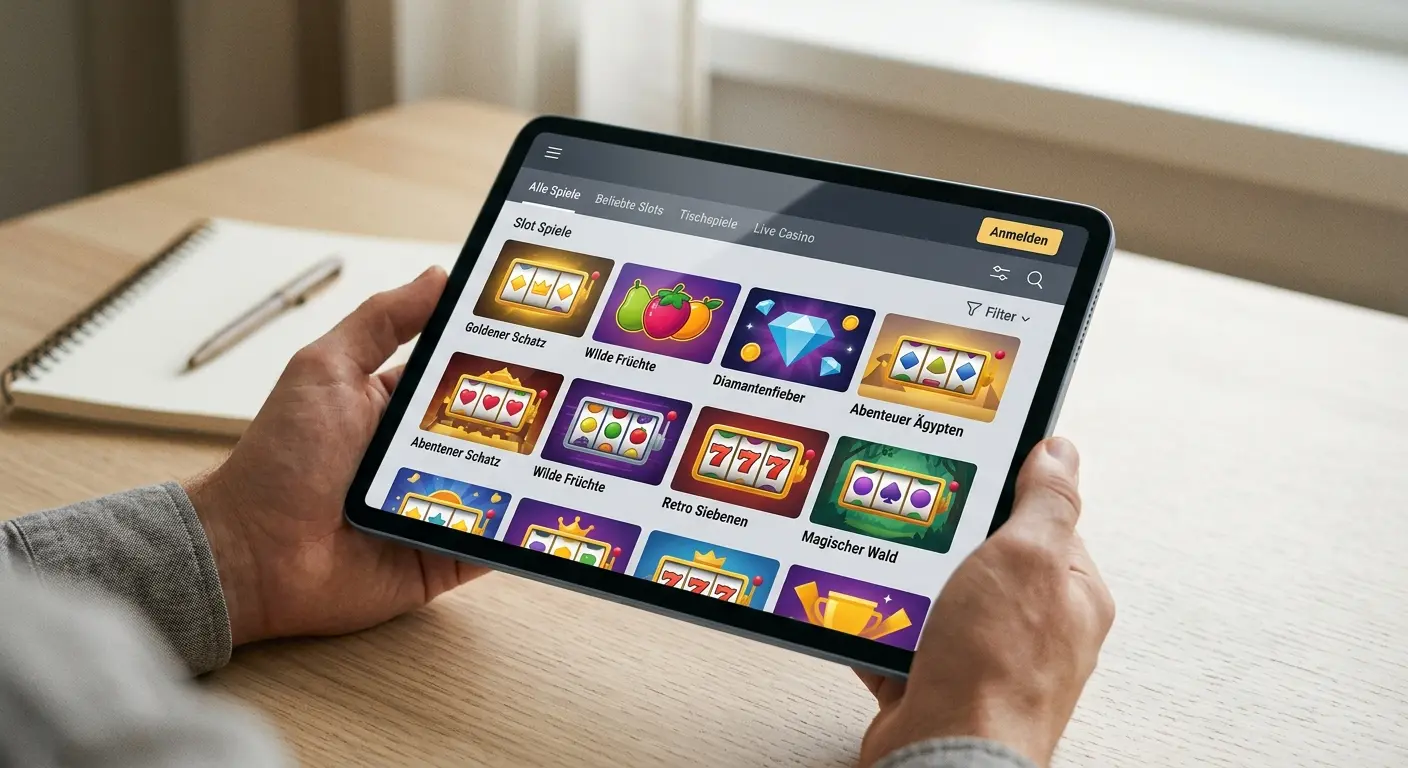Casino ohne Lizenz Vergleich – Slot-Lobby mit generischen Symbolen auf Tablet