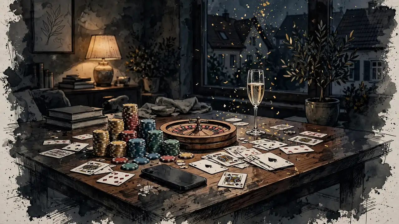 Jetonstapel, Roulettekessel und Spielkarten auf einem Holztisch in warmem Wohnzimmerlicht.