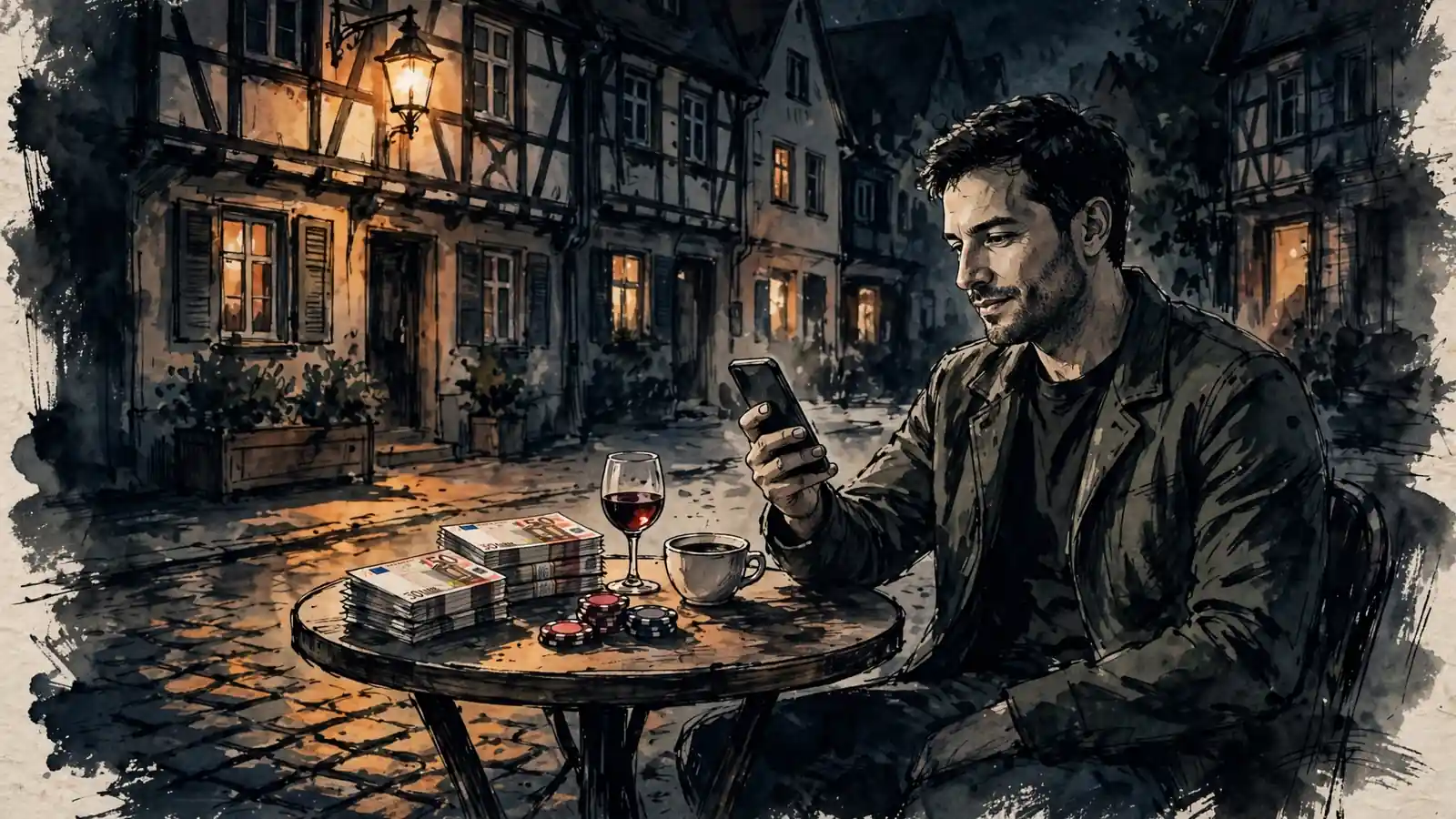 Spieler mit Smartphone und Euro-Geldscheinen auf einem Tisch in einer deutschen Altstadt bei Abendlicht