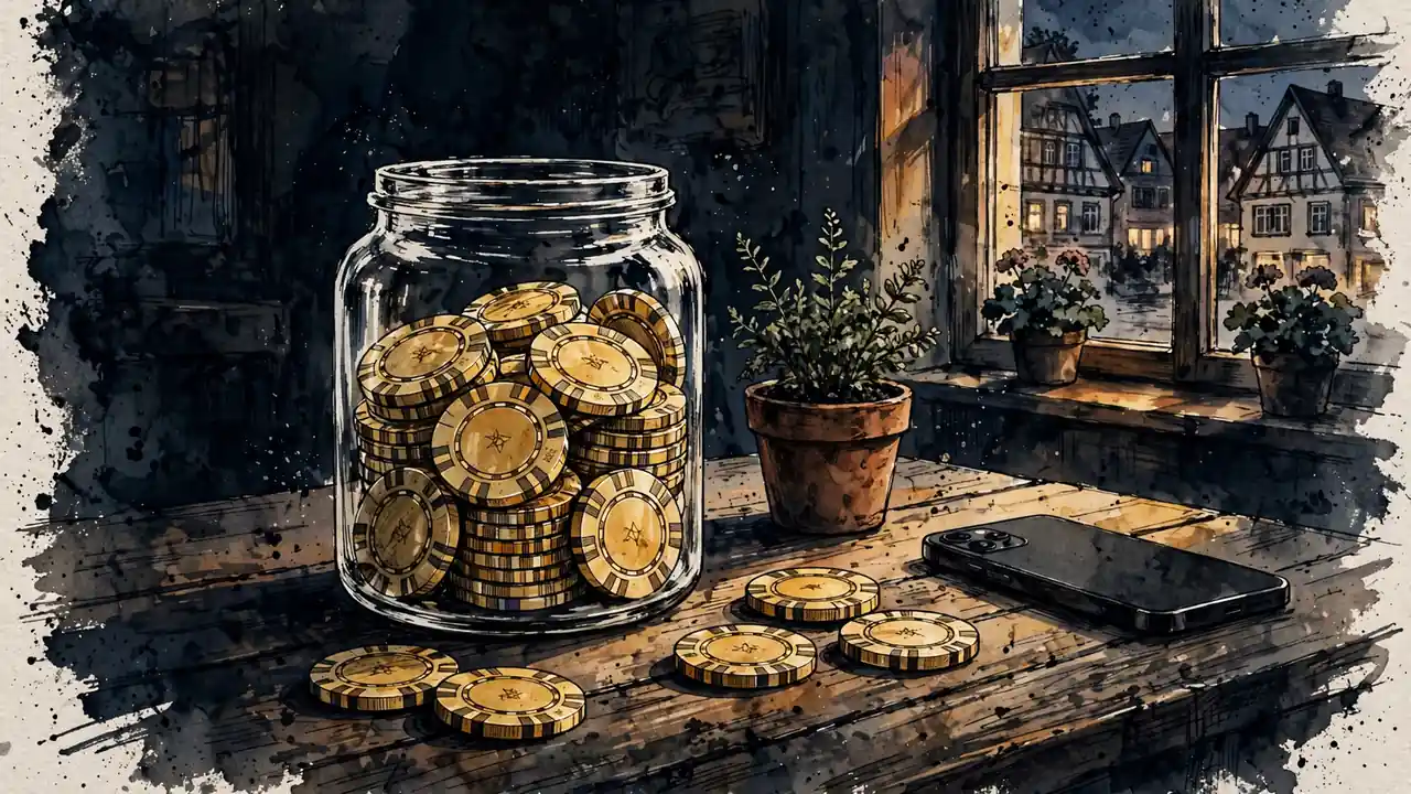 Glas mit goldenen Casino-Chips auf einem Holztisch
