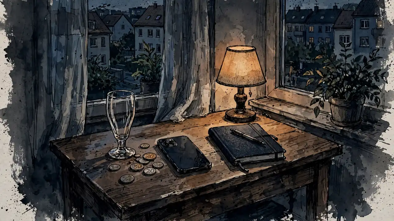 Gemütliche Wohnung mit Tischlampe, Bierglas, Münzen und Smartphone mit dem Bildschirm nach unten.