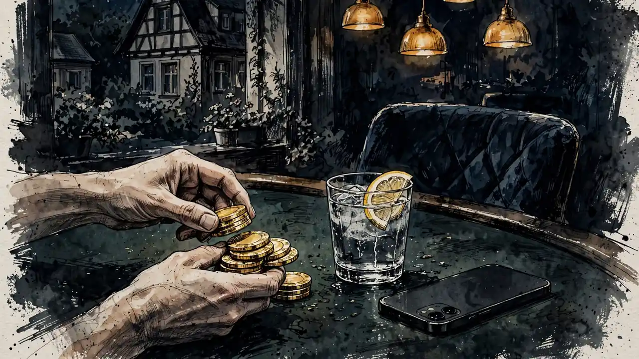 Hände am Casino-Tisch mit goldenen Chips und umgedrehtem Smartphone