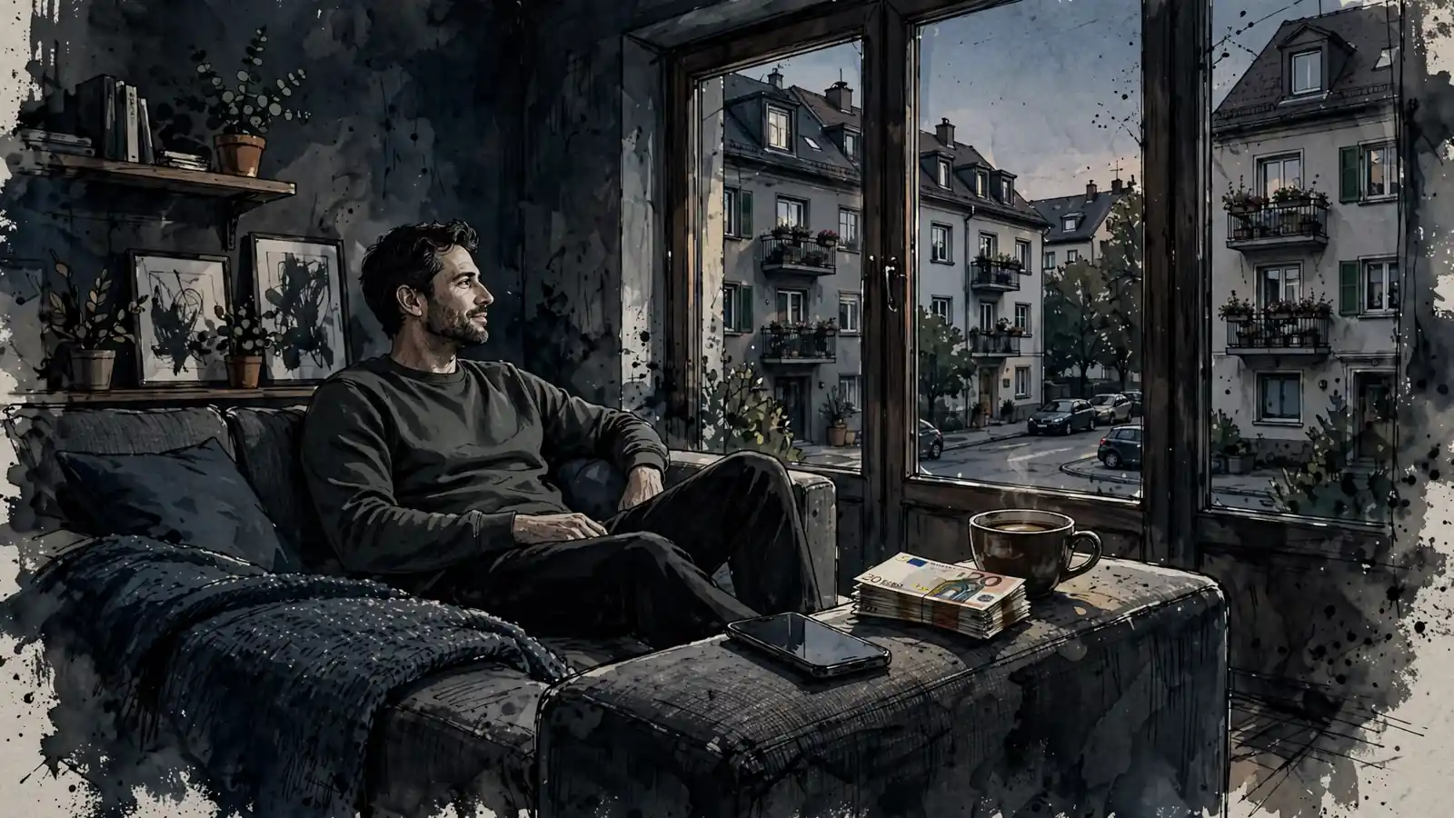 Entspannter Abend zuhause mit Smartphone, Euroscheinen und Kaffeetasse auf dem Sofa.