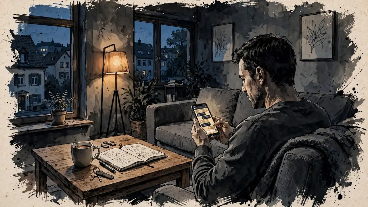Mann entspannt auf dem Sofa mit Smartphone und Notizbuch in warmem Wohnzimmerlicht.