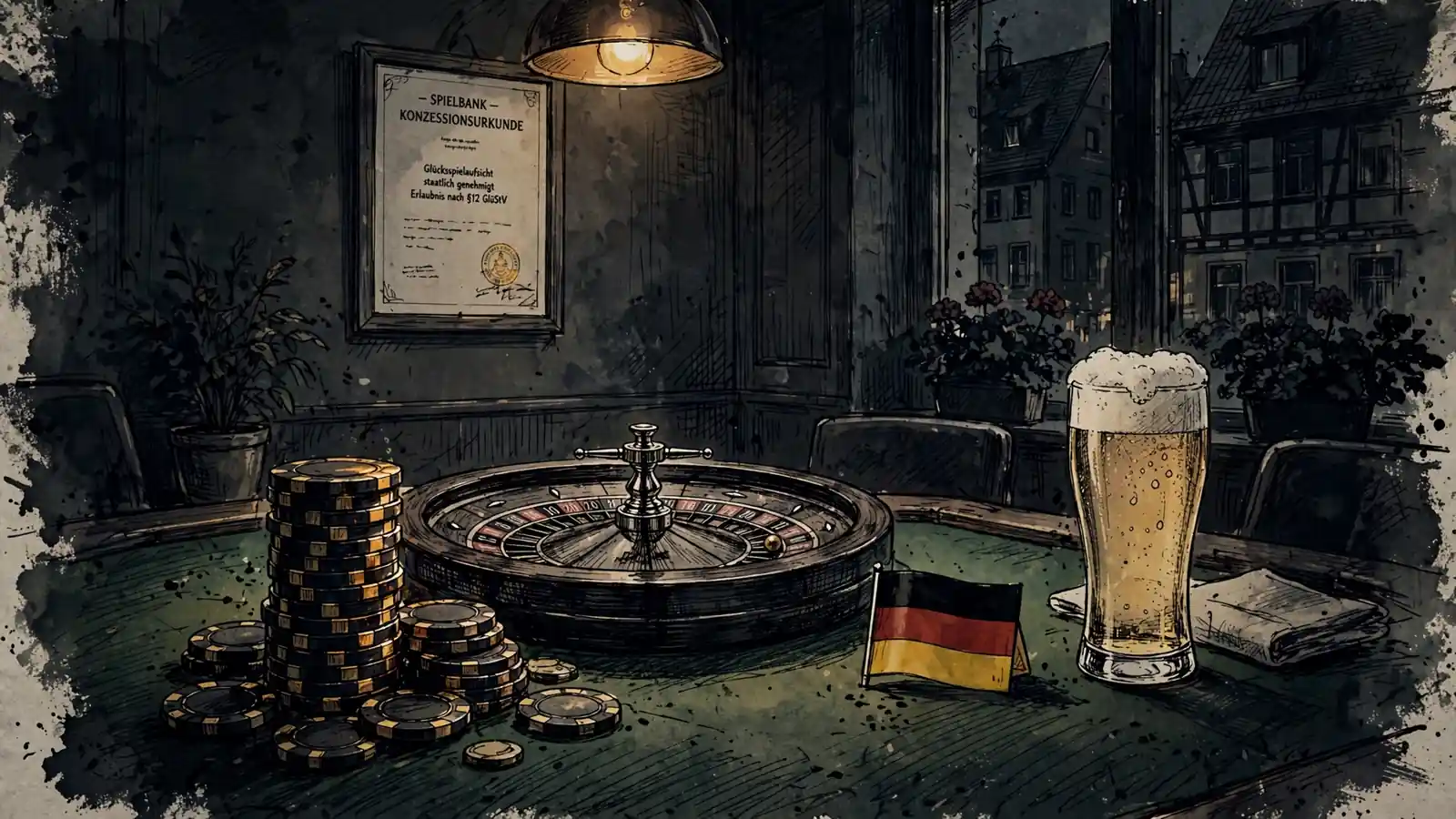 Casino-Chips und Roulette-Tisch in einem modernen, dezent beleuchteten Raum mit deutschem Dokument und Bierglas.