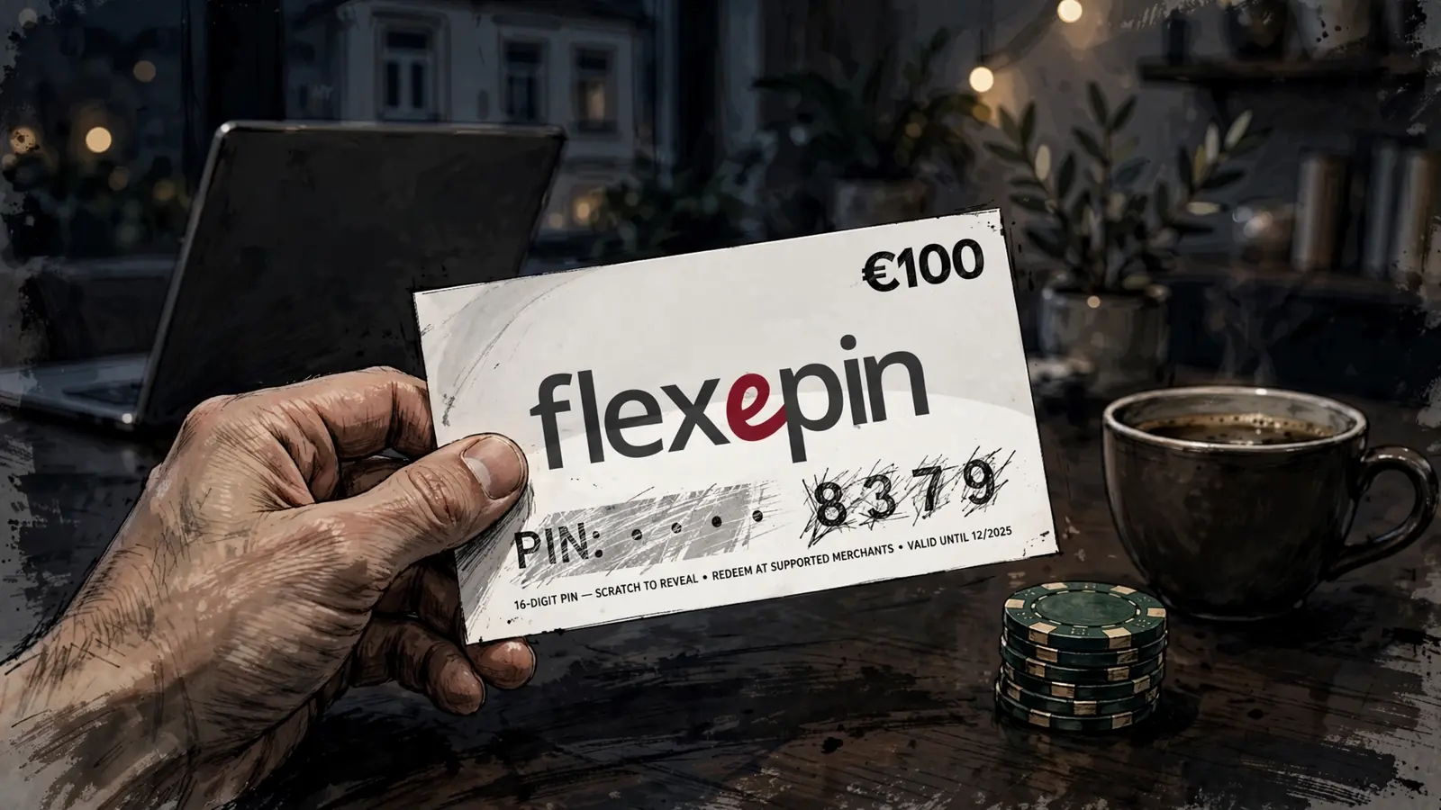 Hand hält einen Flexepin-Gutschein mit freigerubbeltem Code auf einem Tisch