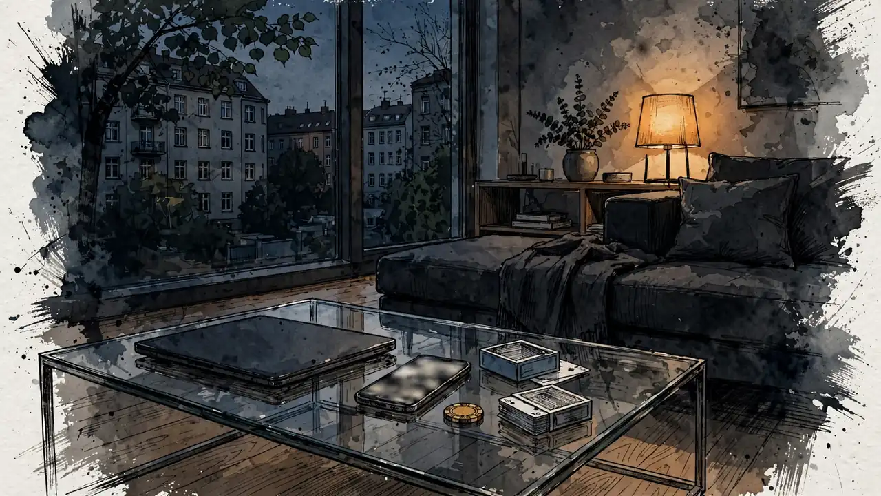 Modernes Wohnzimmer in Berlin mit Laptop, Smartphone und Casino-Chip auf dem Tisch.