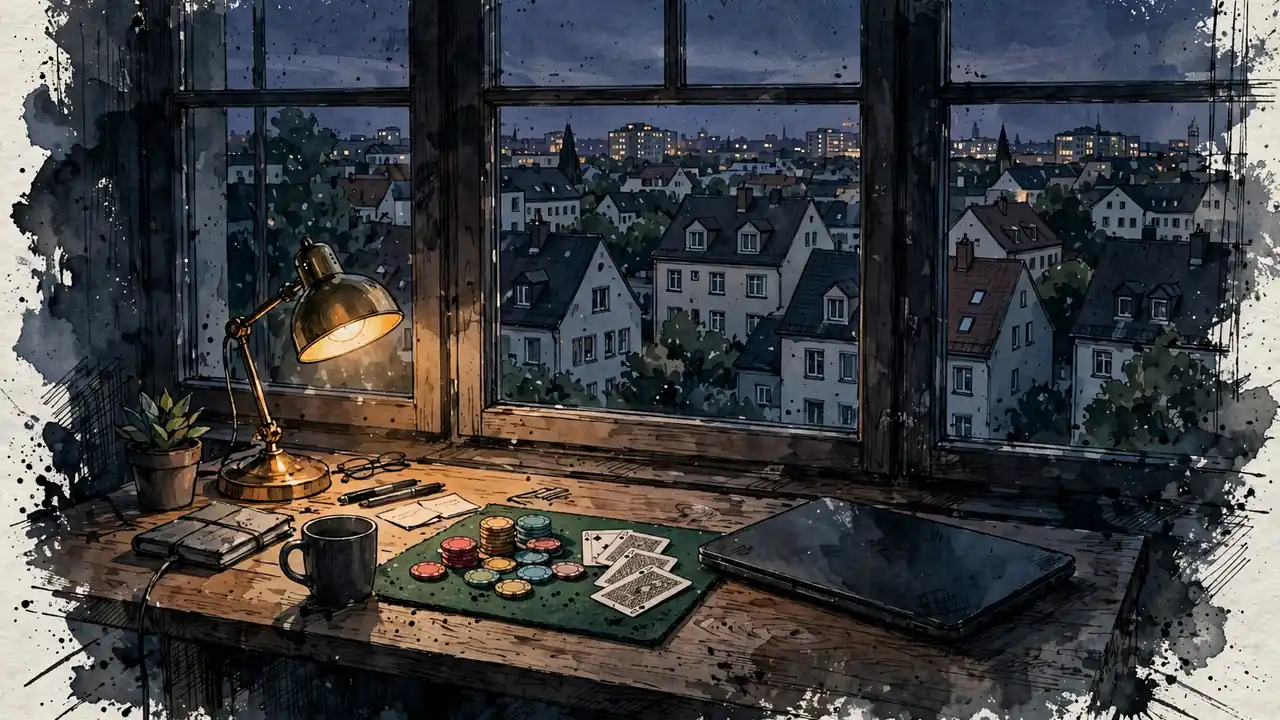 Laptop und Casino-Chips auf Schreibtisch in deutscher Wohnung bei Abendlicht mit Stadtblick