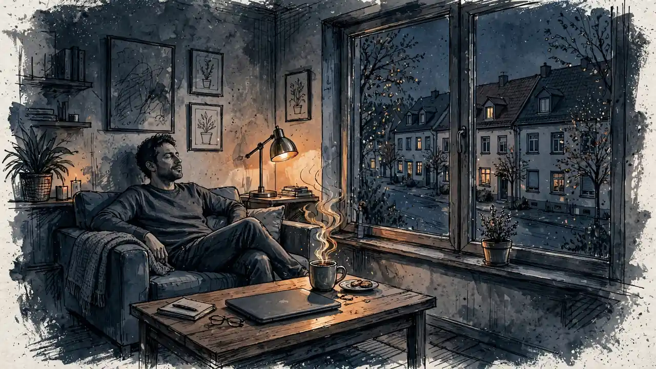 Gemütliches Wohnzimmer in Deutschland mit Laptop auf dem Tisch bei Abendlicht.