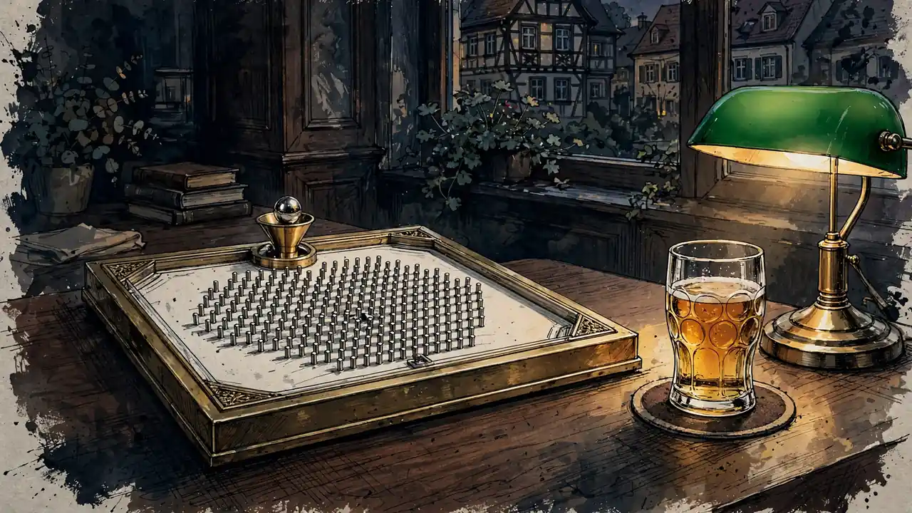 Elegantes Plinko-Brett mit Messingrahmen auf Nussbaumtisch in deutscher Lounge mit Bierglas