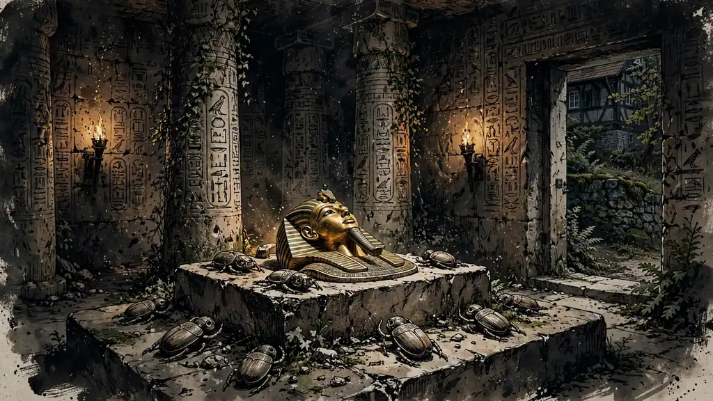 Goldene Pharaonenmaske auf einem Steinsockel in einer ägyptischen Grabkammer bei warmem Fackelschein.