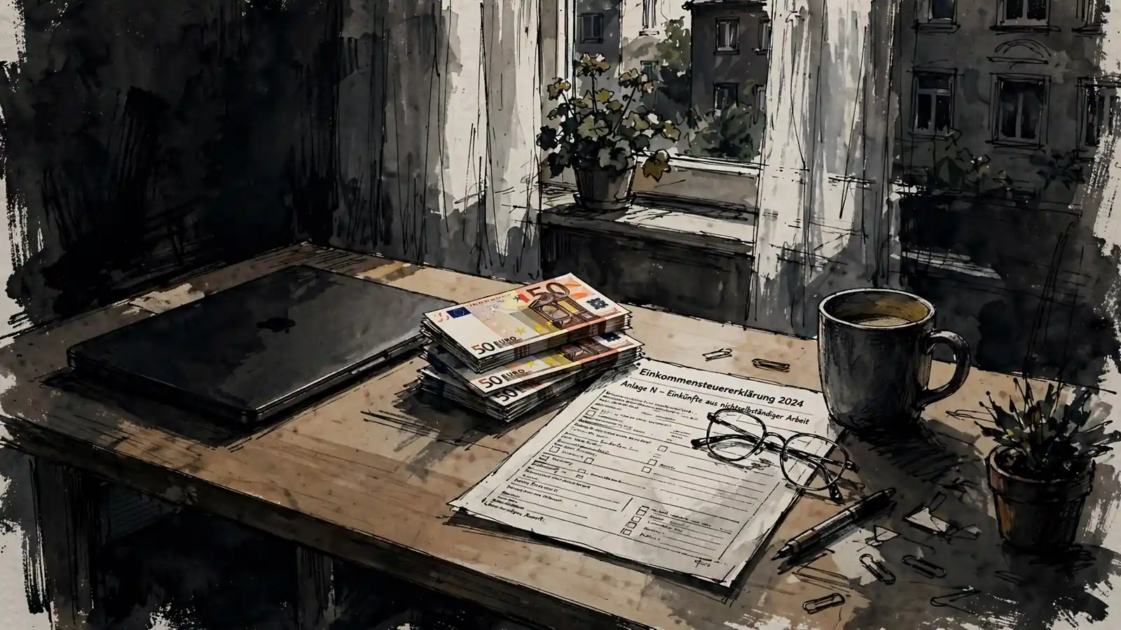 E Schreibtisch mit Laptop, Euro-Scheinen und Steuerformular in einer deutschen Wohnung.