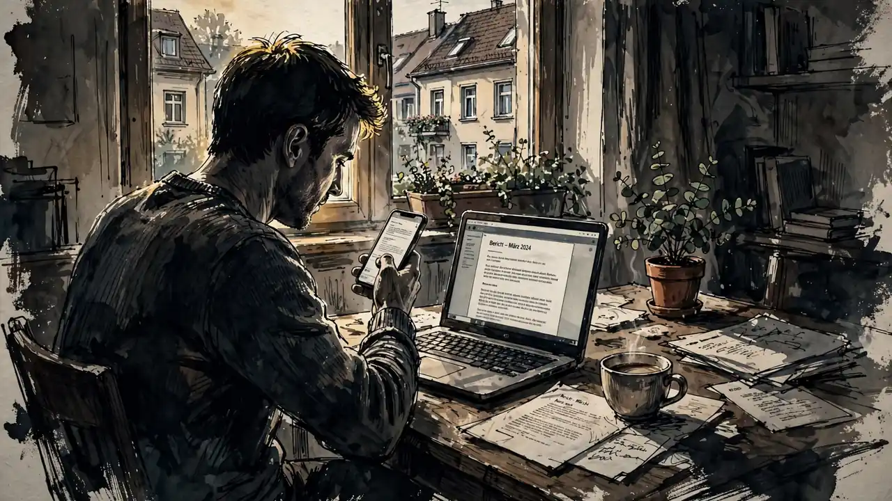 Person am Schreibtisch mit Smartphone und Laptop in heller Wohnung