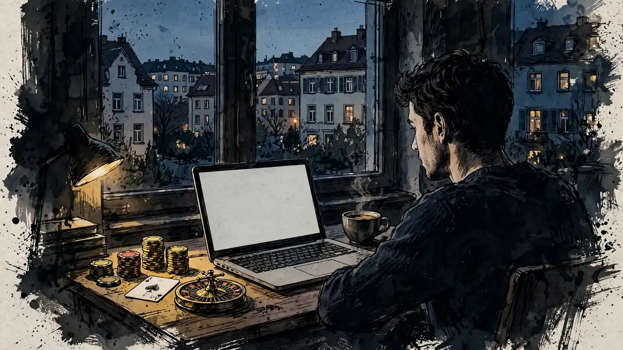 Abendliche Szene in einer deutschen Wohnung mit Laptop, Casino-Chips und Rouletterad auf dem Tisch.